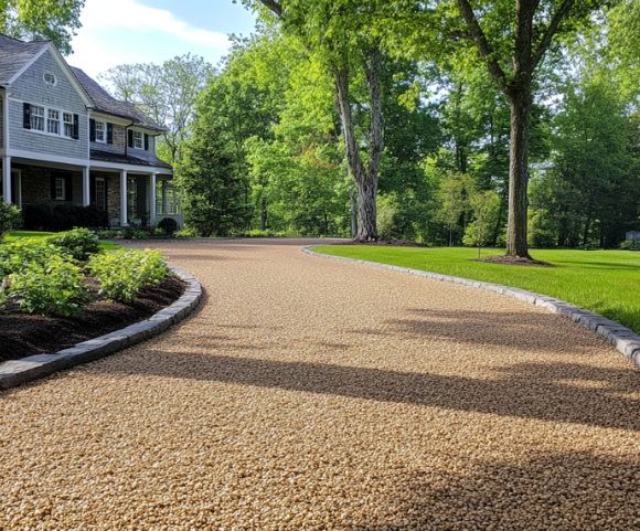 A well-maintained gravel driveway surrounded by landscaping, representing an Oil and Stone Driveway in Madison, CT.